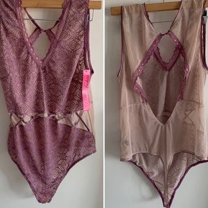 BNWT brand new Plus size lace illusion thong t back teddy mauve lingerie 2X 3X